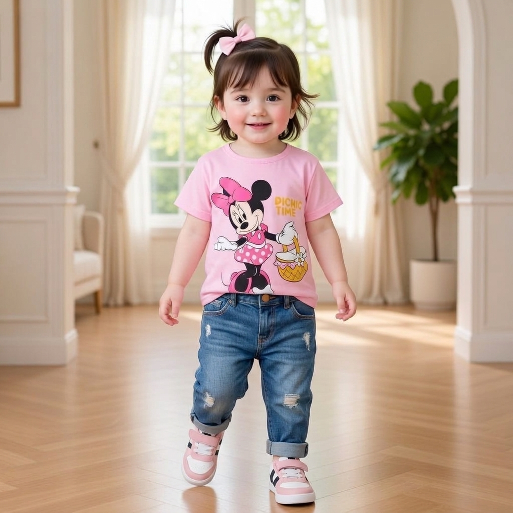 Cute Pink Minnie Mouse "PICNIC TIME" Printed T-Shirt & Shorts 2-Piece Set