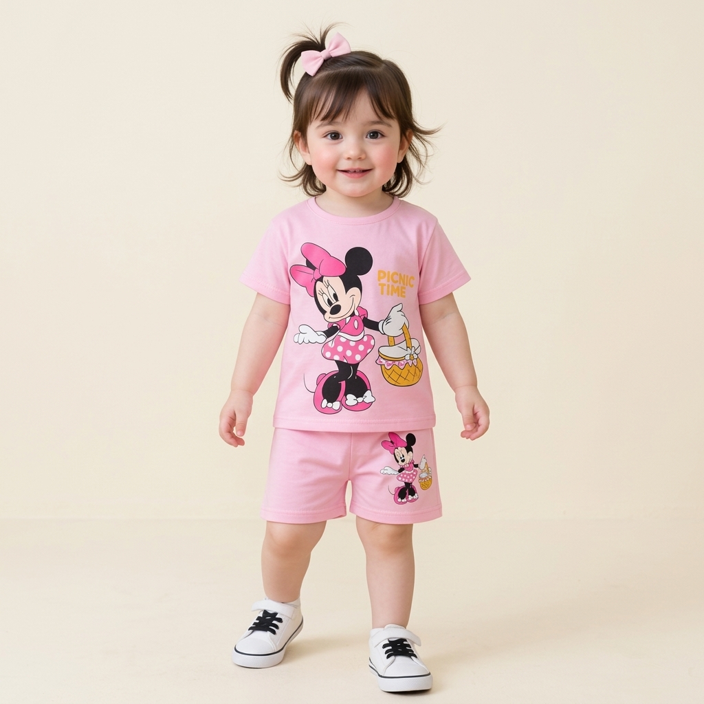 Cute Pink Minnie Mouse "PICNIC TIME" Printed T-Shirt & Shorts 2-Piece Set