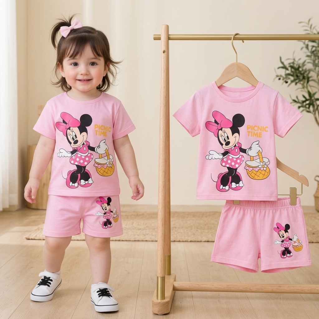 Cute Pink Minnie Mouse "PICNIC TIME" Printed T-Shirt & Shorts 2-Piece Set