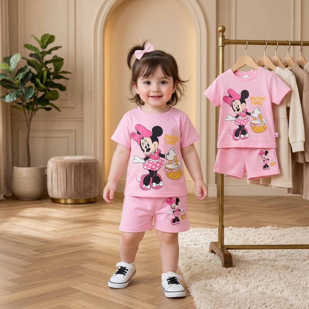 Cute Pink Minnie Mouse "PICNIC TIME" Printed T-Shirt & Shorts 2-Piece Set