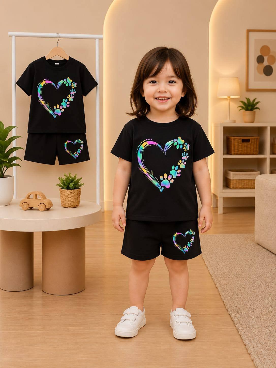 Cool Black Rainbow Paw Print Heart T-Shirt & Shorts 2-Piece Outfit Set
