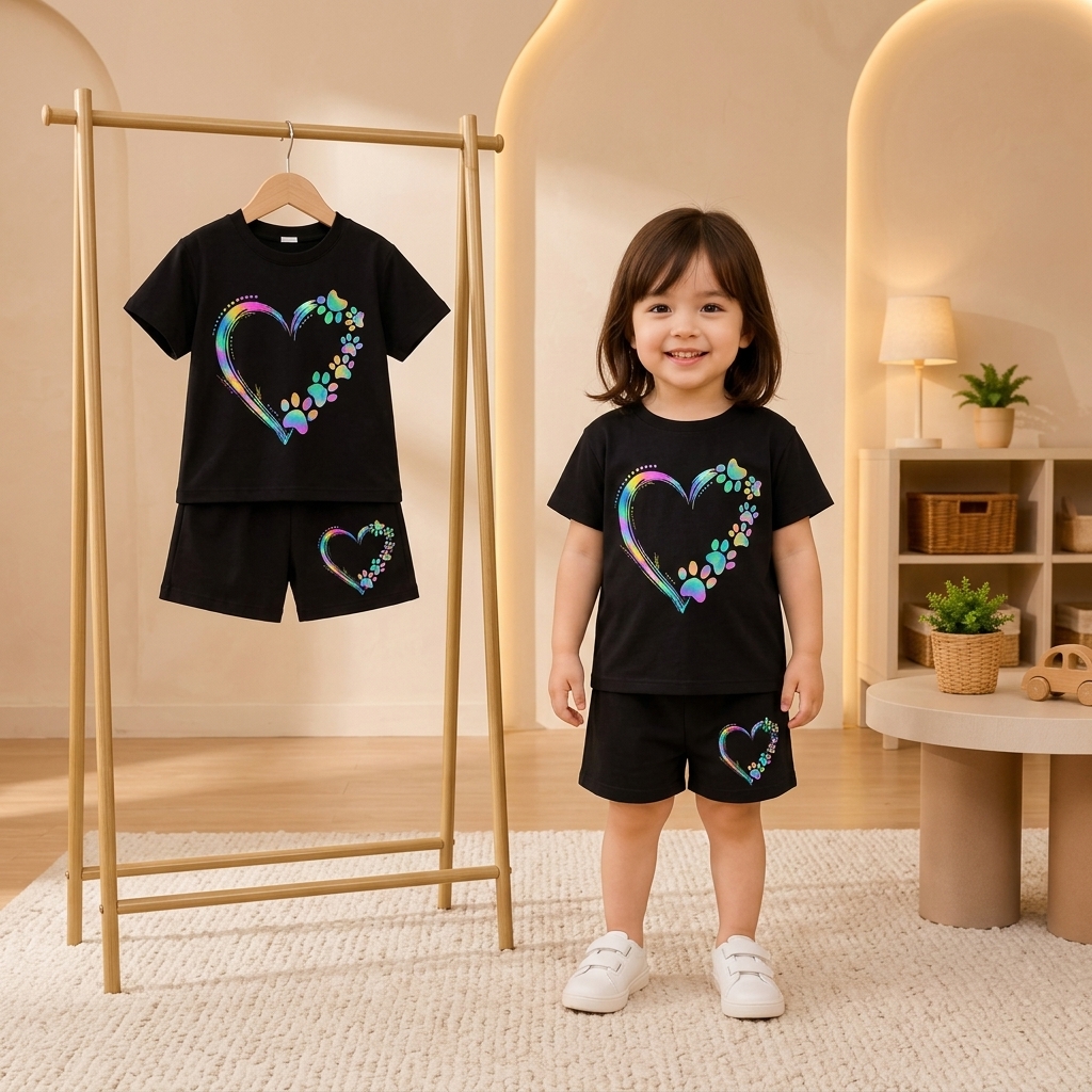 Cool Black Rainbow Paw Print Heart T-Shirt & Shorts 2-Piece Outfit Set