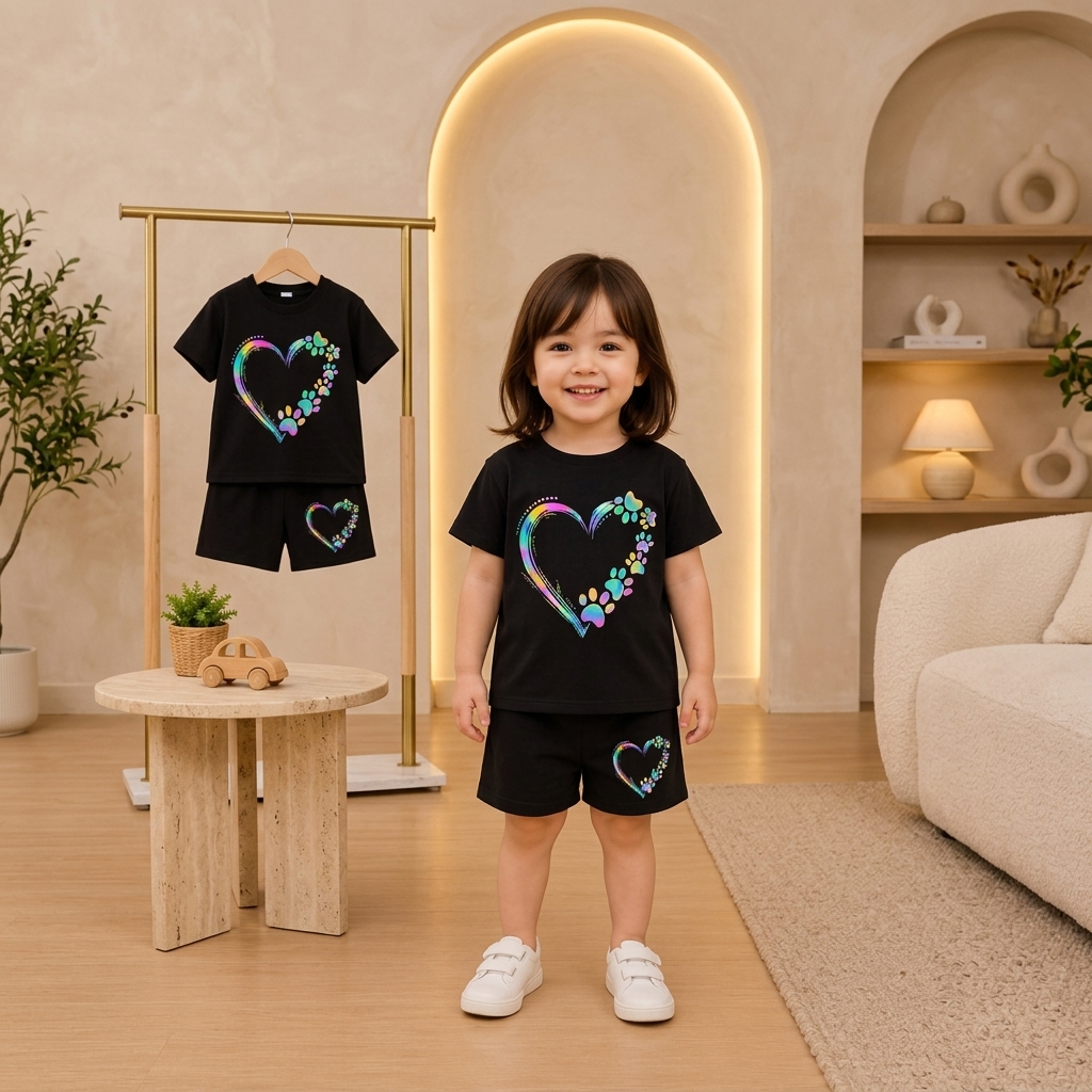 Cool Black Rainbow Paw Print Heart T-Shirt & Shorts 2-Piece Outfit Set