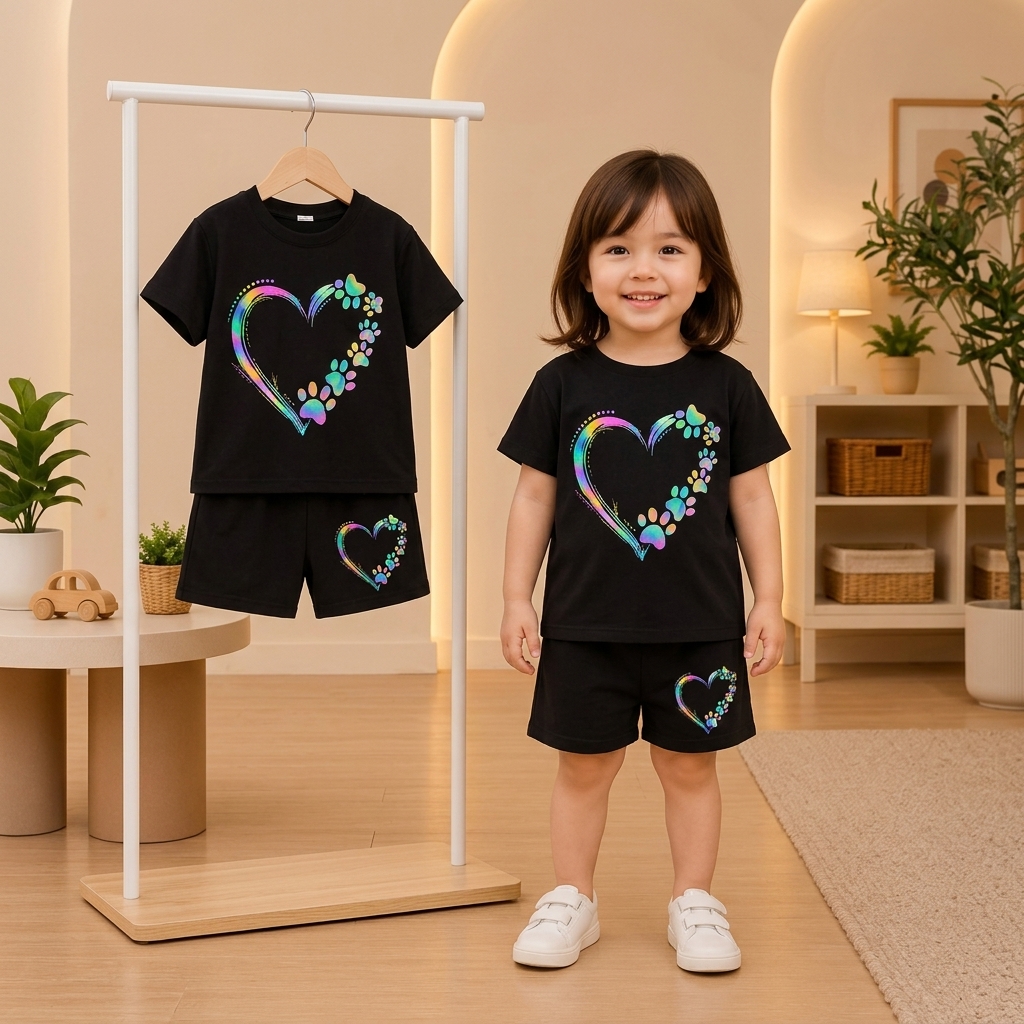 Cool Black Rainbow Paw Print Heart T-Shirt & Shorts 2-Piece Outfit Set