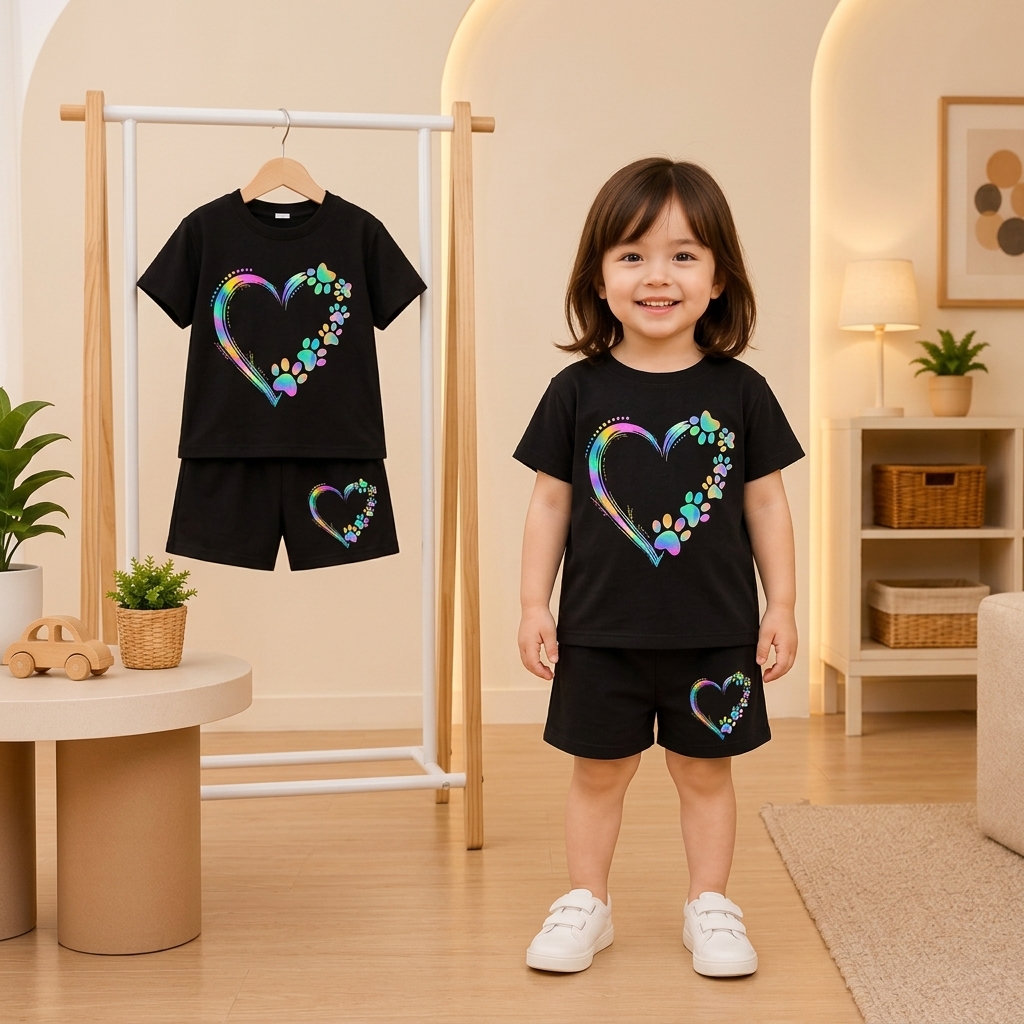 Cool Black Rainbow Paw Print Heart T-Shirt & Shorts 2-Piece Outfit Set