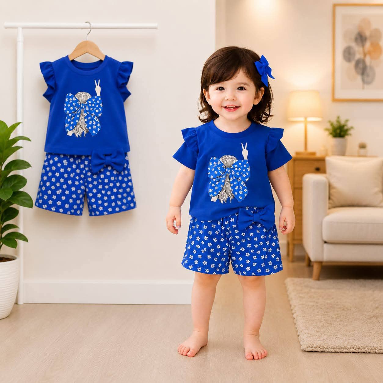 Royal Blue Flutter Sleeve Girl Graphic Top & Floral Shorts 2-Piece Set