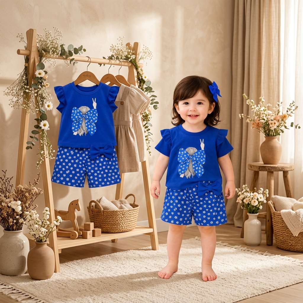 Royal Blue Flutter Sleeve Girl Graphic Top & Floral Shorts 2-Piece Set