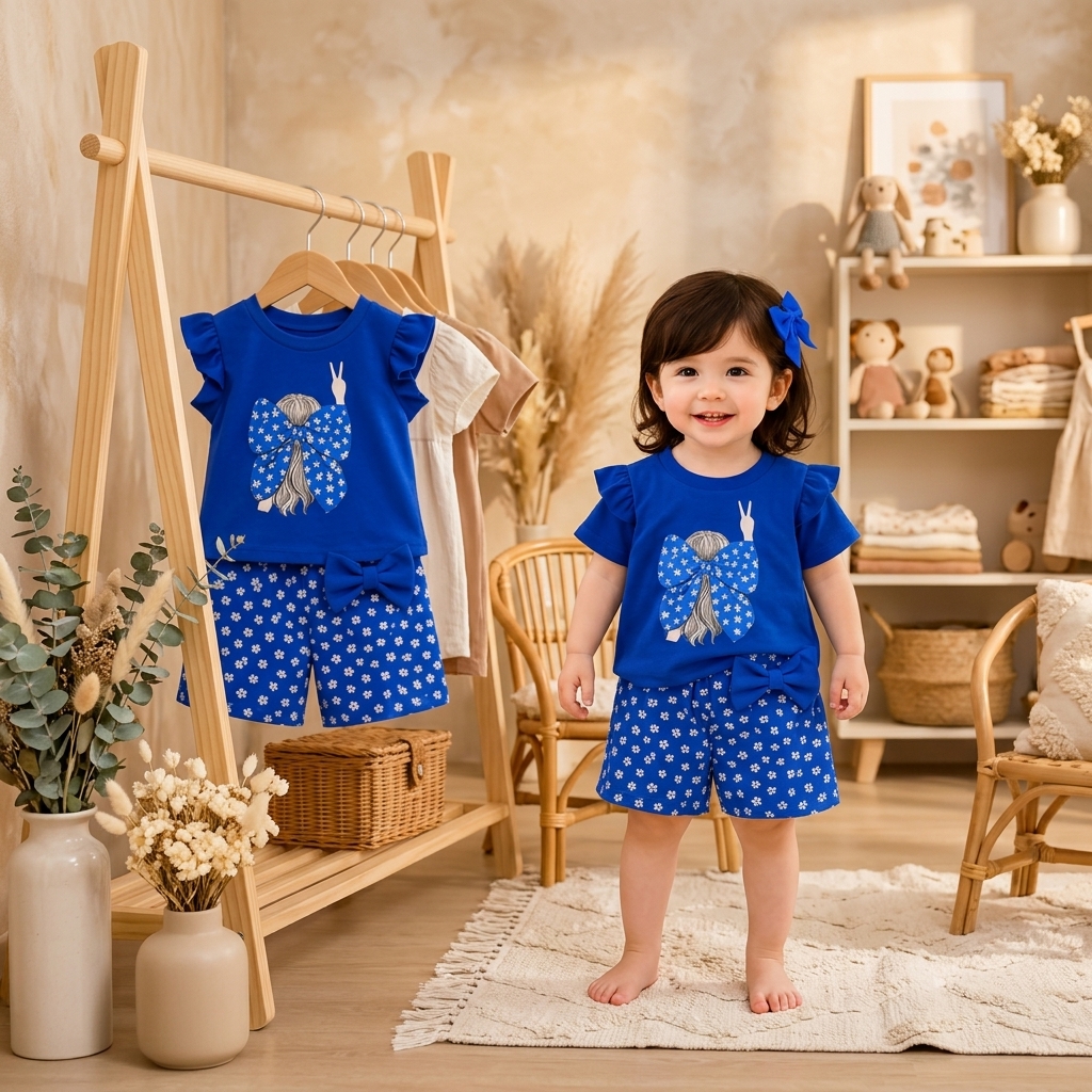 Royal Blue Flutter Sleeve Girl Graphic Top & Floral Shorts 2-Piece Set