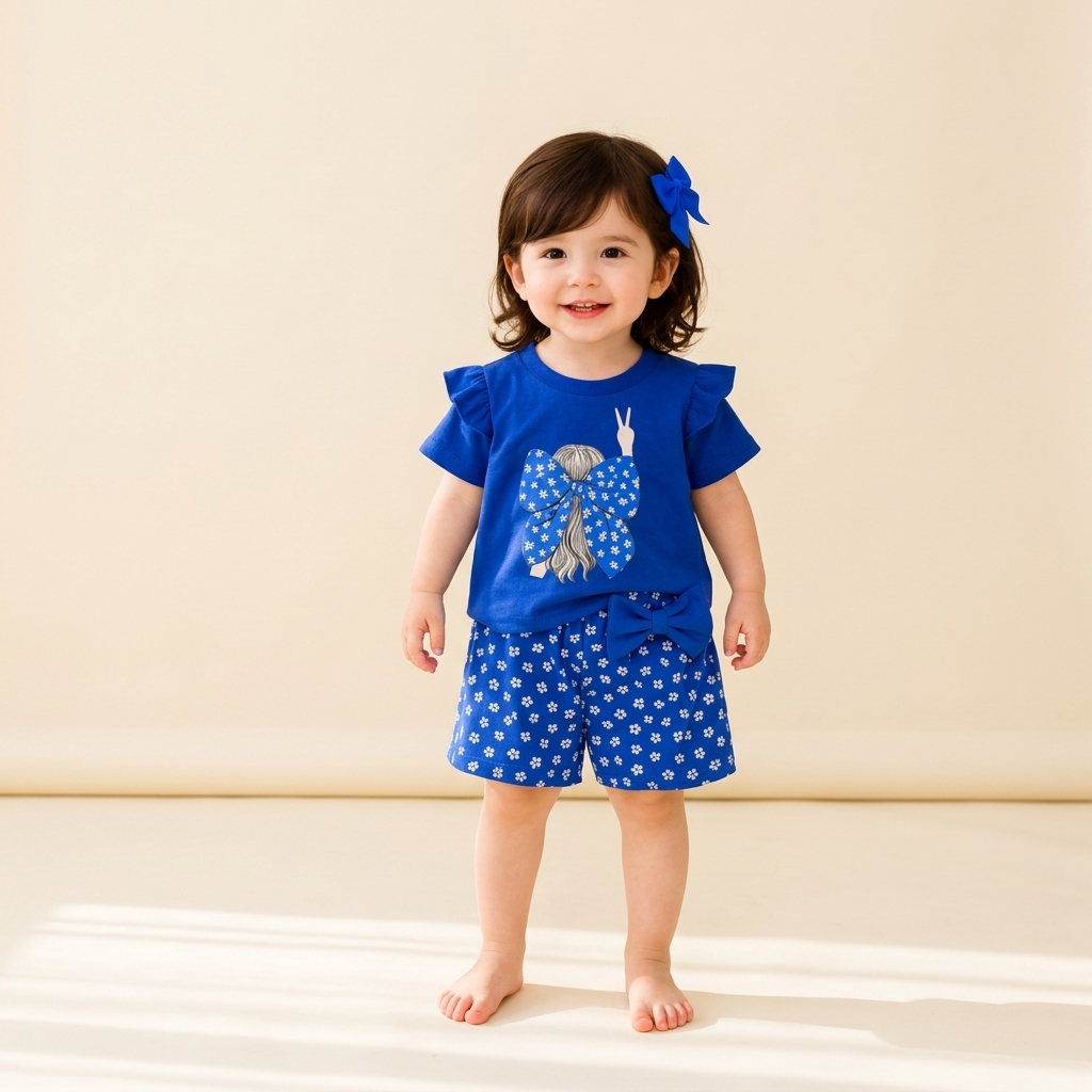 Royal Blue Flutter Sleeve Girl Graphic Top & Floral Shorts 2-Piece Set