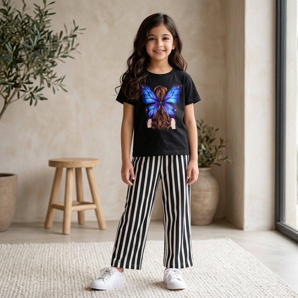Black Blue Butterfly Girl Print T-Shirt & Striped Pants 2-Piece Set