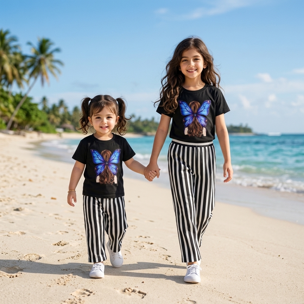 Black Blue Butterfly Girl Print T-Shirt & Striped Pants 2-Piece Set