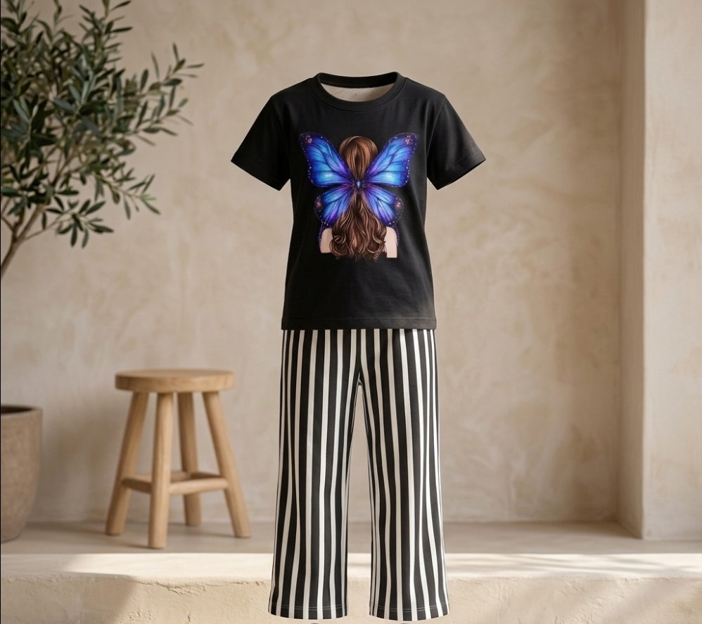 Black Blue Butterfly Girl Print T-Shirt & Striped Pants 2-Piece Set