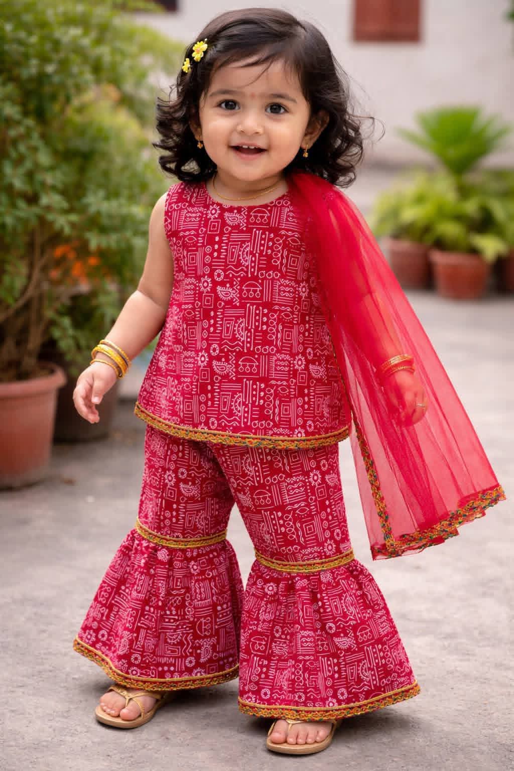 Red Printed Kurti, Sharara Pants & Dupatta 3-Piece Festive Set