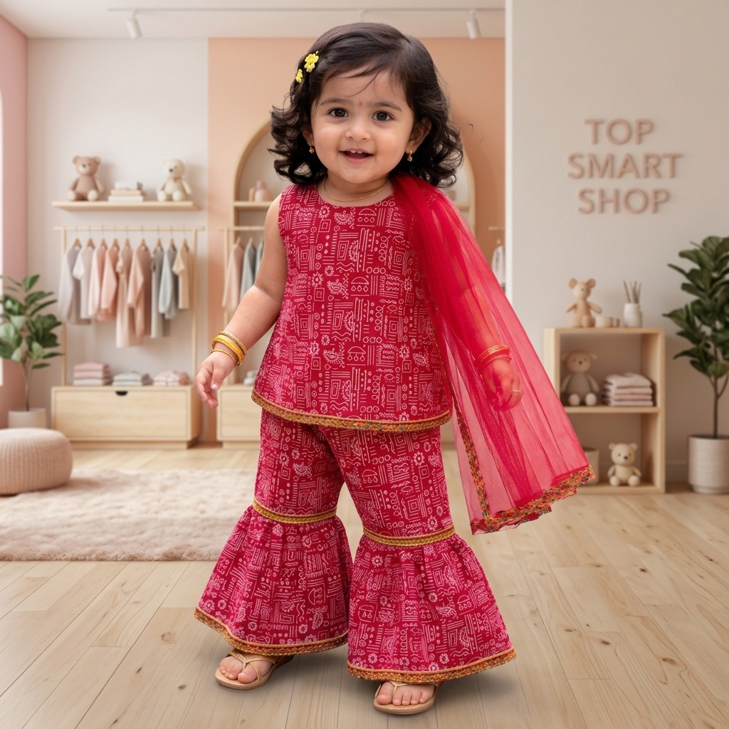 Red Printed Kurti, Sharara Pants & Dupatta 3-Piece Festive Set
