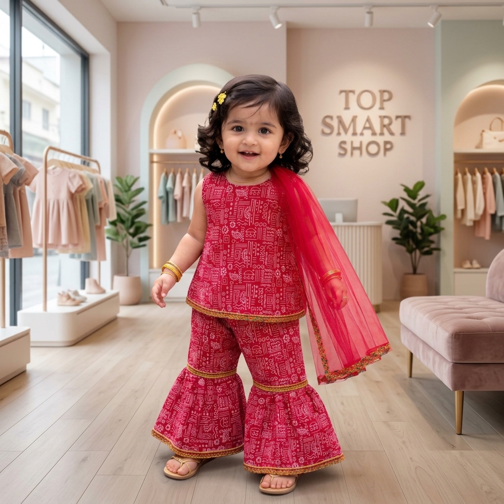 Red Printed Kurti, Sharara Pants & Dupatta 3-Piece Festive Set