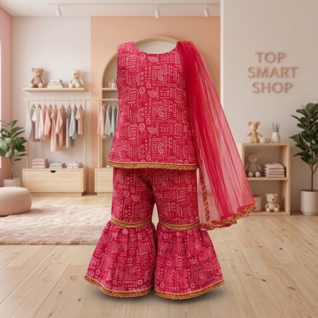 Red Printed Kurti, Sharara Pants & Dupatta 3-Piece Festive Set