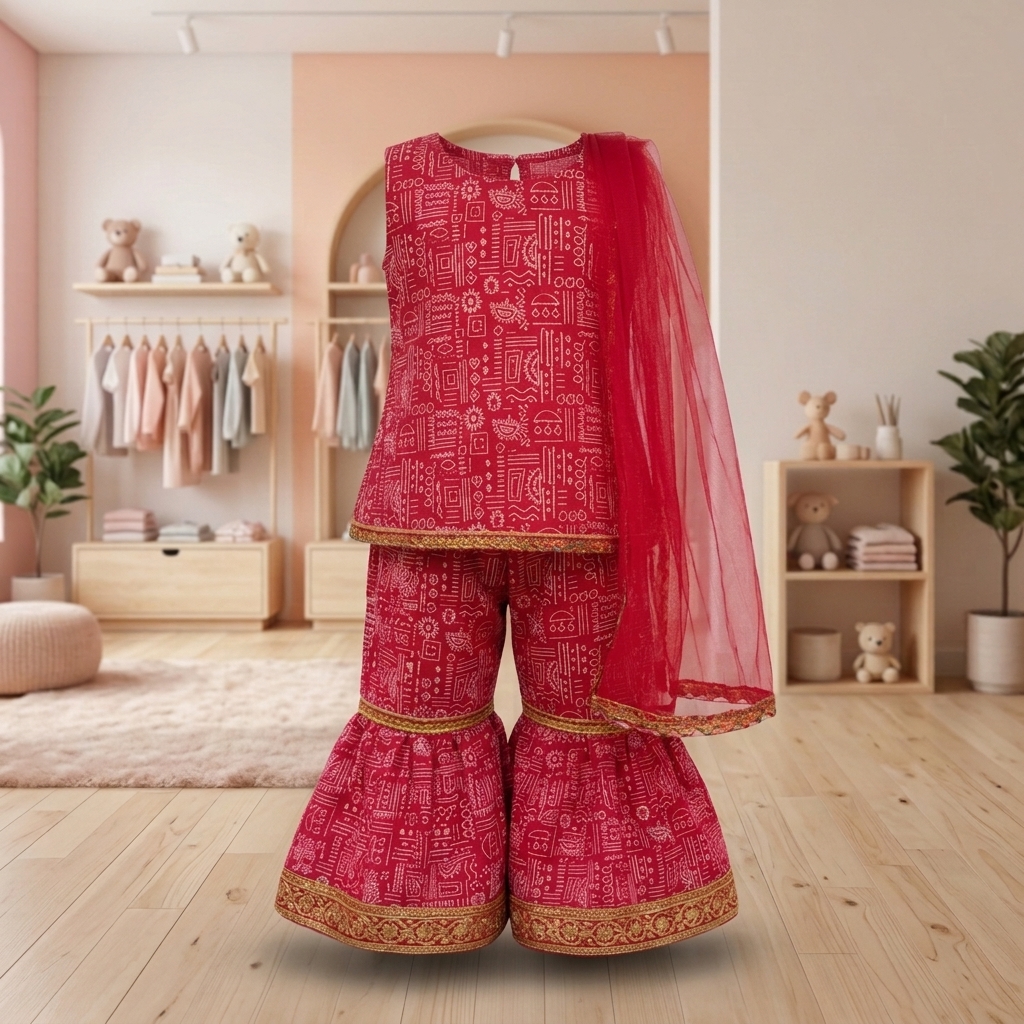 Red Printed Kurti, Sharara Pants & Dupatta 3-Piece Festive Set