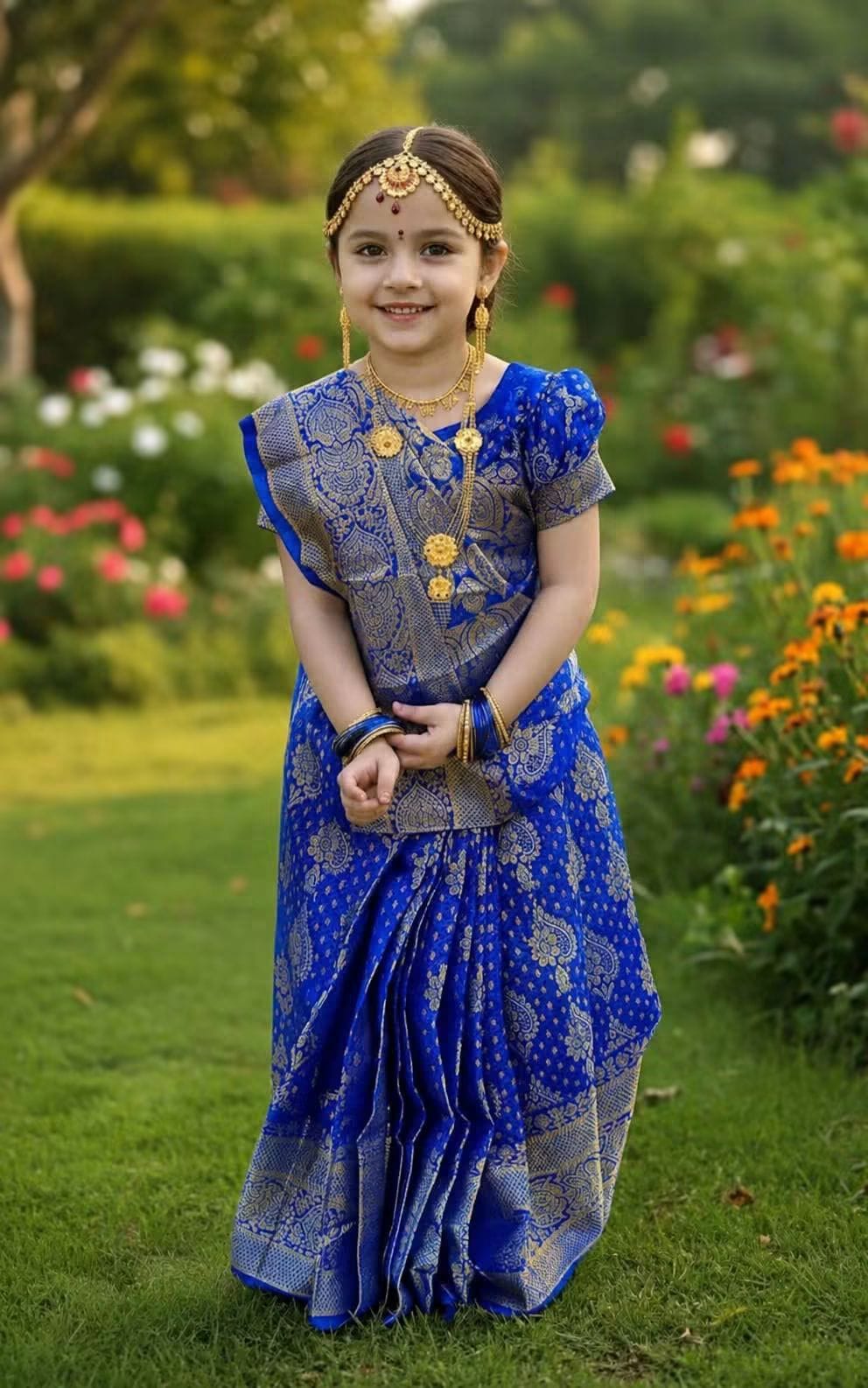 Kids Ready-to-Wear Pre-Stitched Silk Katan Saree 3-Piece Set | Red & Blue | 1 - 10 Years