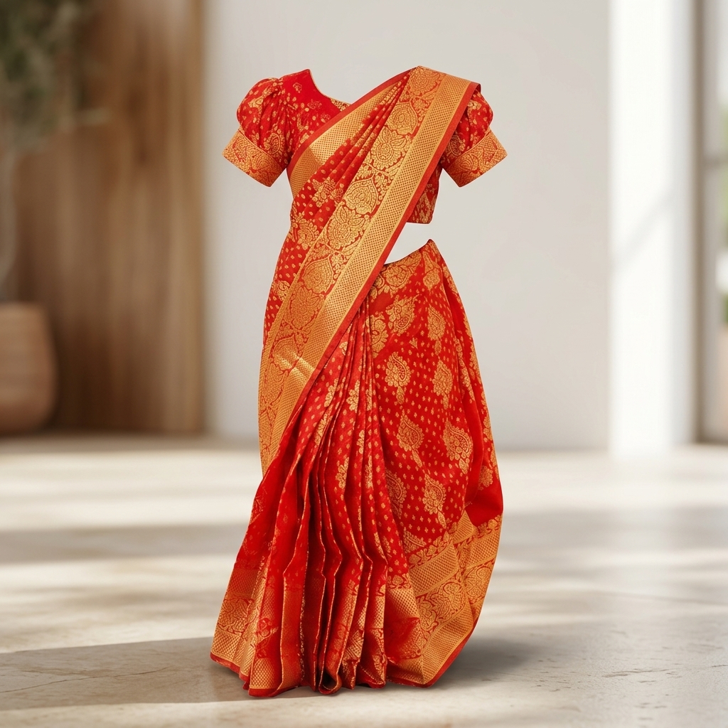 Kids Ready-to-Wear Pre-Stitched Silk Katan Saree 3-Piece Set | Red & Blue | 1 - 10 Years