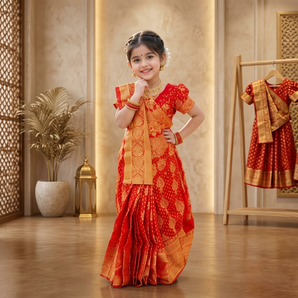 Kids Ready-to-Wear Pre-Stitched Silk Katan Saree 3-Piece Set | Red & Blue | 1 - 10 Years