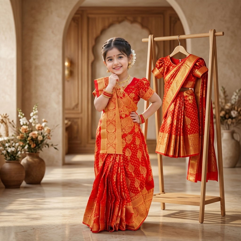 Kids Ready-to-Wear Pre-Stitched Silk Katan Saree 3-Piece Set | Red & Blue | 1 - 10 Years