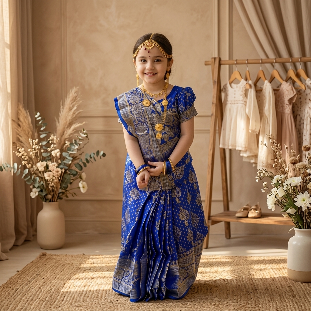 Kids Ready-to-Wear Pre-Stitched Silk Katan Saree 3-Piece Set | Red & Blue | 1 - 10 Years