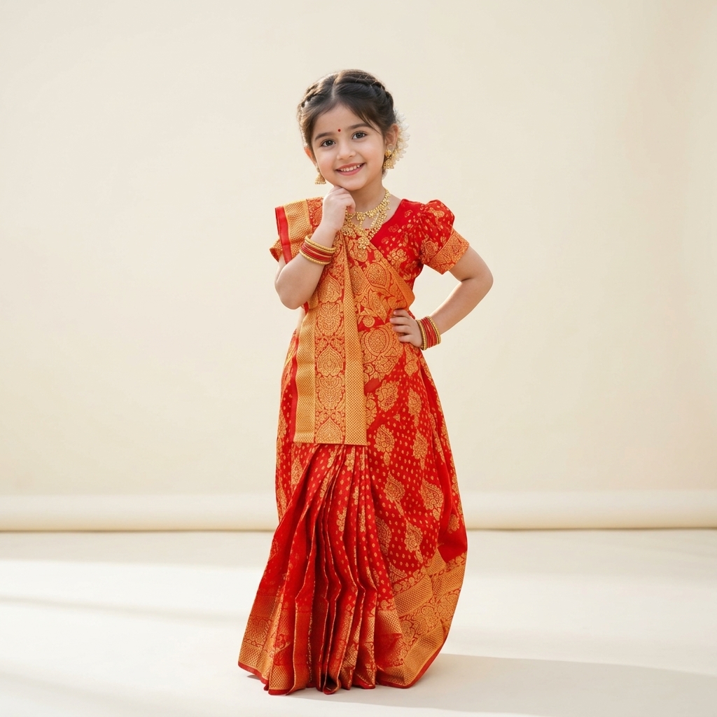 Kids Ready-to-Wear Pre-Stitched Silk Katan Saree 3-Piece Set | Red & Blue | 1 - 10 Years