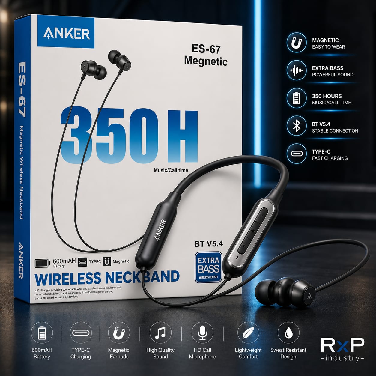 Anker ES67 Magnetic Wireless Neckband Bluetooth 5.4 Extra Bass 600mAh Type C HD Call Black
